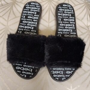 Bebe Girls Black Furry Slides Sz-2/3